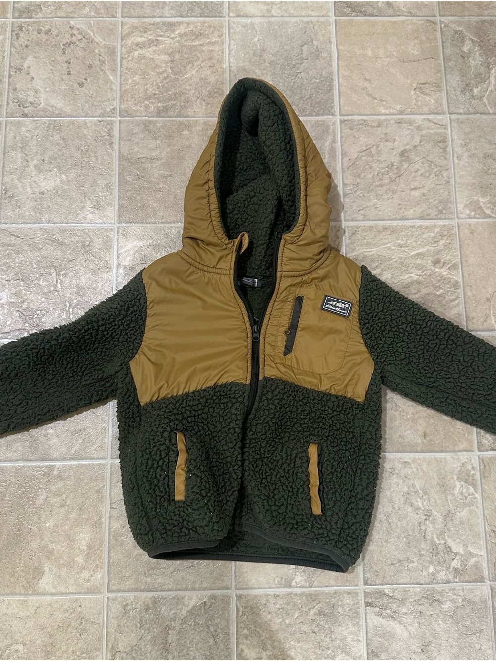 Eddie Bauer Olive Green and Tan Sherpa Hooded Puffer Jacket - Kids